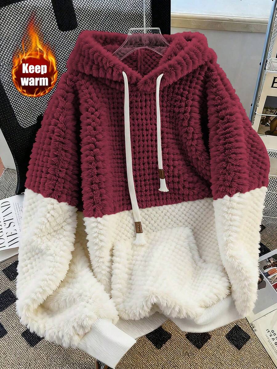 GlowEve 2025 Autumn/Winter Casual Everyday Wear High-End Design Patchwork Contrast Color Hooded Sherpa Fleece Oversized Long Sleeve Sweatshirt, Versatile - Burgundy - View 1