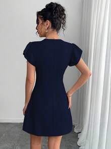 SHEIN Unity Retro Chinese Style Button Decor Cap Sleeve Short Dress - Navy Blue - View 2