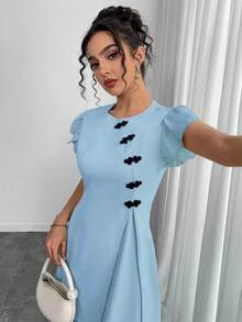 Chiquease Vintage Chinese Style Button Decor Cap Sleeve Short Dress - Baby Blue - View 6