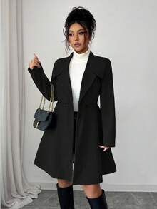 SHEIN PETITE 女士休闲秋冬翻领羊毛混纺修身长袖喇叭形连衣裙外套 - 黑色 - 查看 3