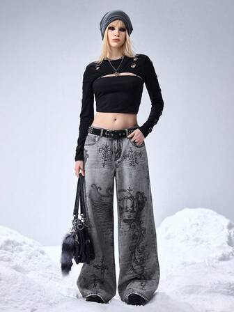 Grunge Punk Jeans amples à jambes larges unisexes avec imprimé vintage d'ange de rue et de couronne de vigne