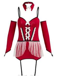 Fantasy Costume Fantasy Costume Set Lingerie Seksi 4 Potong dengan Motif Jala dan Pita Renda - Burgundy - View 7