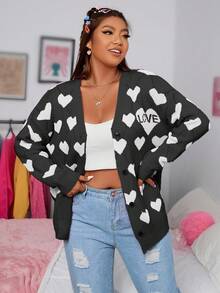 EURMUSE Plus Size Casual Heart Pattern Front Button Cardigan, Autumn/Winter - Dark Grey - View 3