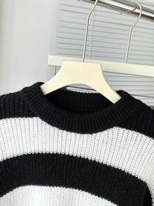 SHEIN Tween Girl Thick Knit Long Sleeve Sweater, Fashionable & Minimalist, Autumn/Winter Cropped Sweater Aesthetic Striped Sweater Cute Sweater Autumn Winter Sweater Jumper - Black and White - View 3