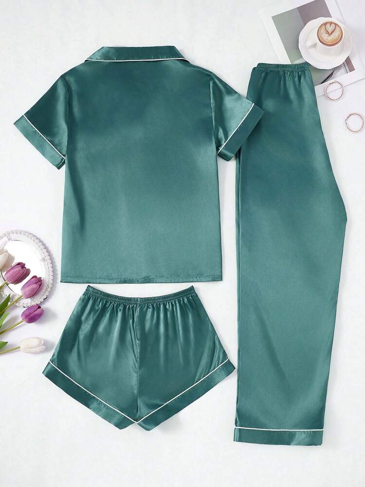 3pcs/Set Women Contrast Trim Solid Color Faux Silk Lapel Sleepwear Set - Dark Green - View 2