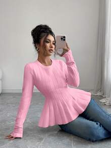 Elenzga Damen eleganter taillierter A-Linien Pullover mit rundem Ausschnitt und Langarm in Unifarbe, Herbst - Pink - Übersicht 6