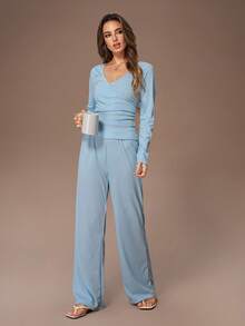 Lazeform Women's Casual Solid Color V-Neck Waist Drawstring Long Sleeve Top & Pants Lounge Set Light Blue, Winter Clothes - Multicolor - View 5