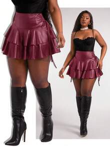 SHEIN SXY 大码女装春夏休闲街头风弹力PU面料抽绳腰荷叶边性感迷你裙，适合日常穿着、音乐节、演唱会、狂欢派对、海滩度假、约会之夜、生日派对、单身派对、夜店等场合，可爱休闲，购物街头风，外出休闲，易于搭配，显瘦，凸显身材，修饰身形。 - 紅色 - 查看 1