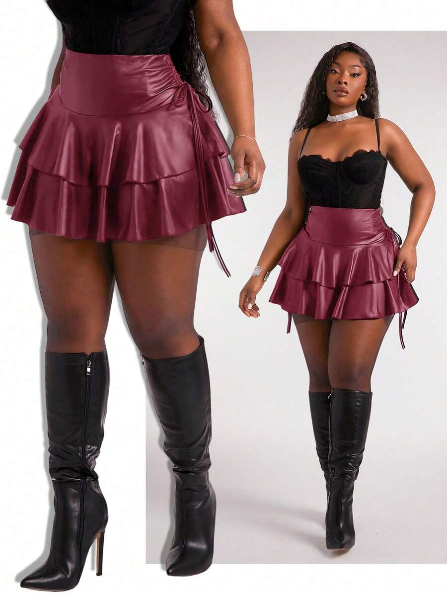 SHEIN SXY 大码女装春夏休闲街头风弹力PU面料抽绳腰荷叶边性感迷你裙，适合日常穿着、音乐节、演唱会、狂欢派对、海滩度假、约会之夜、生日派对、单身派对、夜店等场合，可爱休闲，购物街头风，外出休闲，易于搭配，显瘦，凸显身材，修饰身形。 - 紅色 - 查看 1