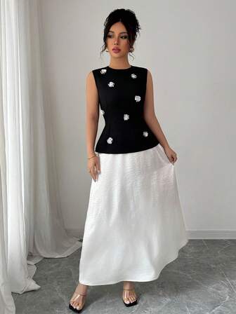 Rafferiza 2st Set fransk elegant paljett blomdekor satin outfit för kvinnor