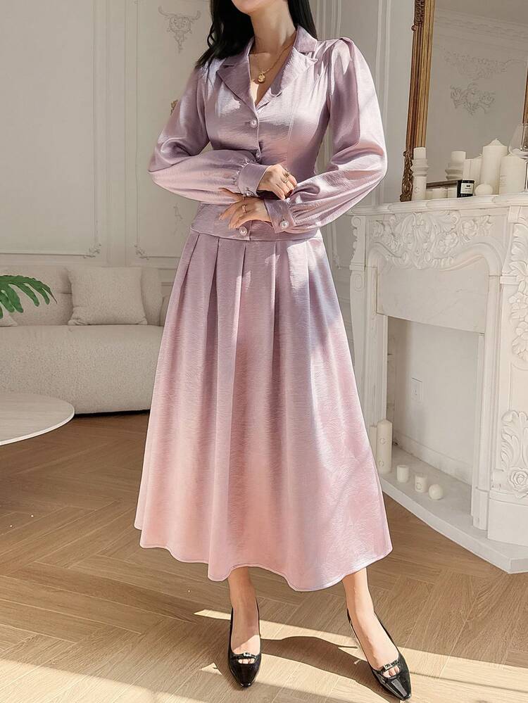 Women's Elegant Solid Color Pleated Long Dress, Suitable For Commuting Dress