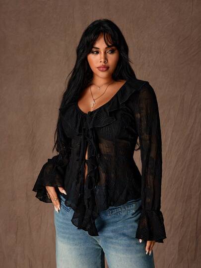 Rustia Büyük Beden Kadınlar İçin Şık Tek Renk Volanlı V Yaka Yarı Şeffaf Bluz