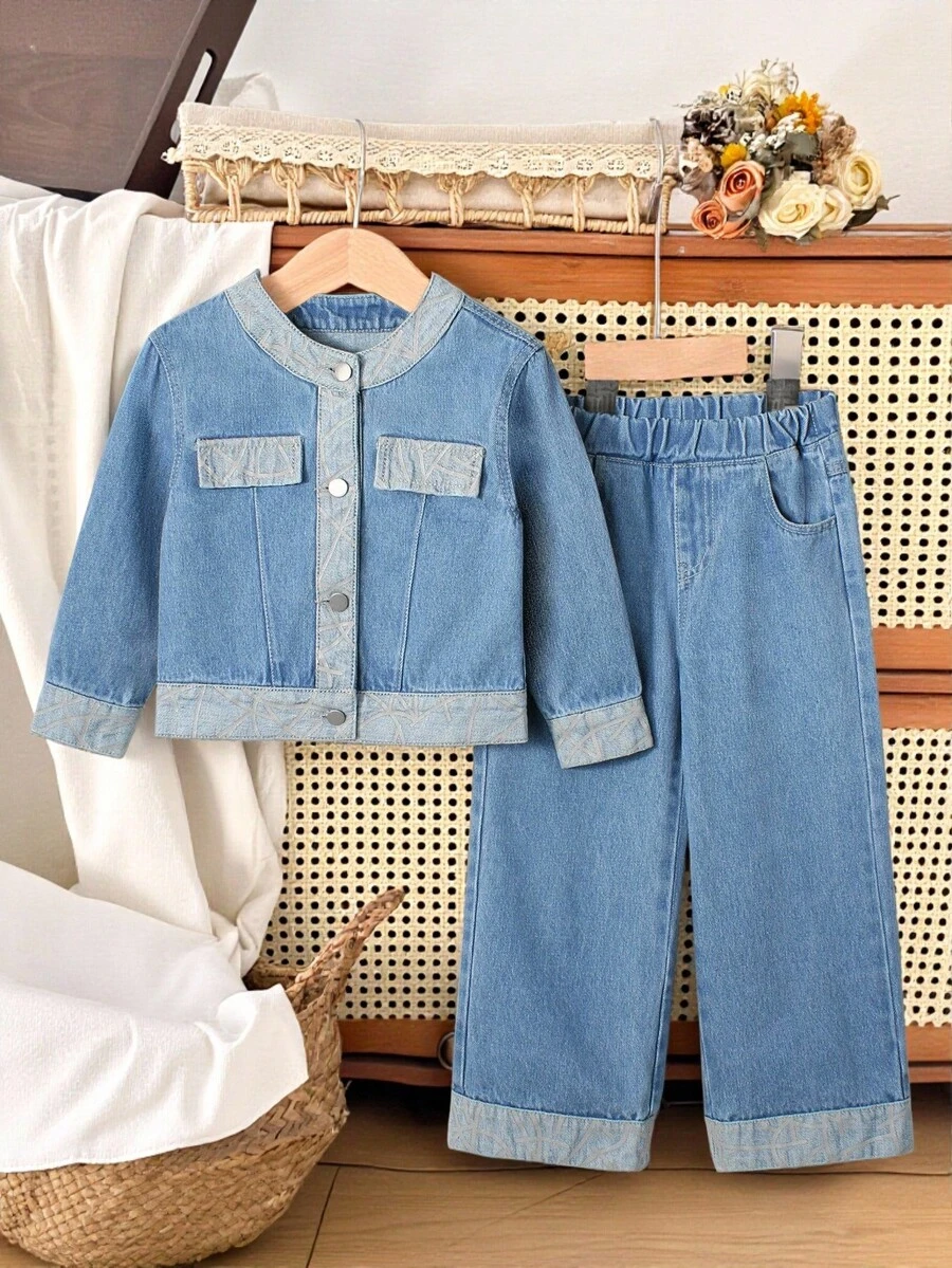 2pcs Young Girl Denim Jacket And Pants Set - Medium Wash - View 1