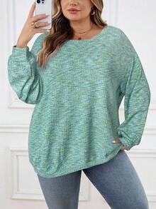 SHEIN CURVE+ 大码女式彩色华夫格针织套头卫衣，秋冬季 - 綠色 - 查看 3