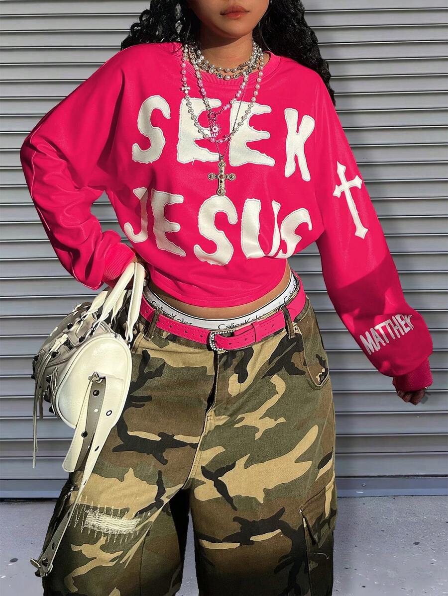 Rovax Women's Letter Applique Long Sleeve Zipper Front Casual Hoodie - Hot Pink - View 1