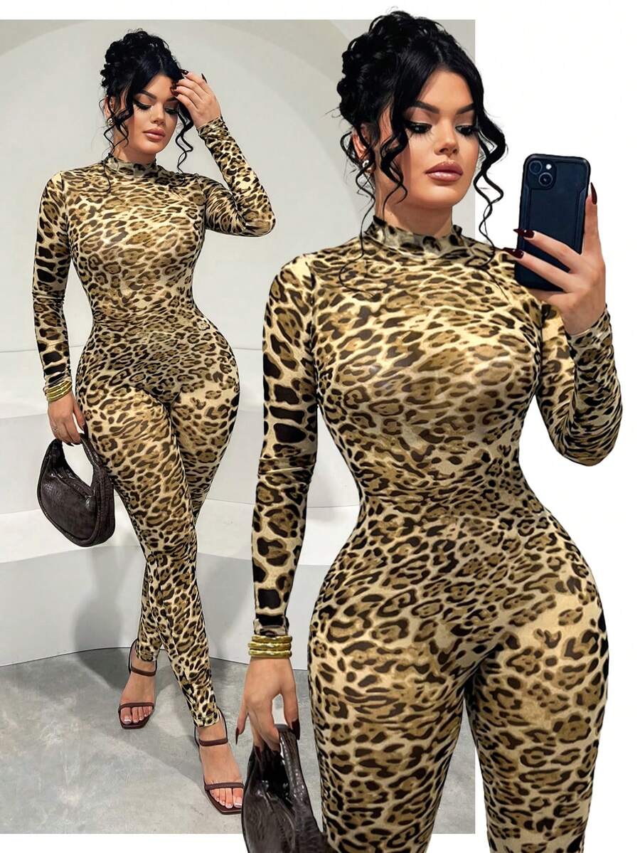 SHEIN SXY 性感豹纹网纱连体衣,适合派对穿着 - 彩色 - 查看 1