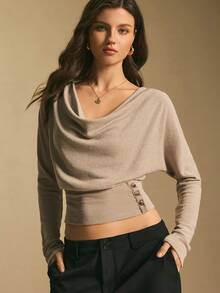 Poéselle Women's Elegant Commuter Solid Color Cowl Neck Long Sleeve T-Shirt, Elegant Women's Top ,Casual Top For Women, Casual For Women, New Year ,Suitable For Daily Wear, Going Out, Commuting Fall/Winter - Khaki - View 3