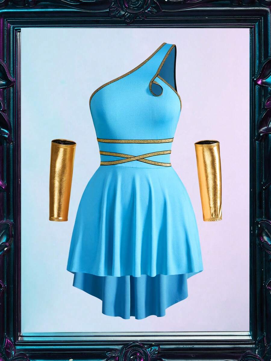 Women's Cosplay Costume Set (Dress, 2pcs Gloves, Belt) - Blue - View 1