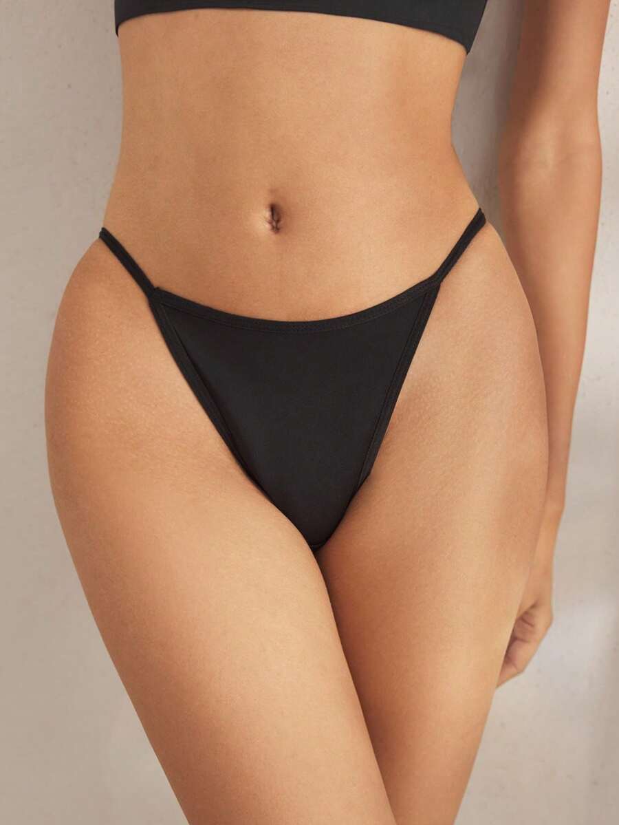 Ocili 3件套女士纯色舒适丁字裤套装 - 黑色 - 查看 1