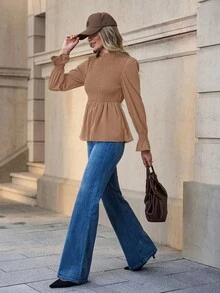 SHEIN Clasi 女士优雅荷叶边宽松长袖衬衫，秋季百搭内搭 - 卡其色 - 查看 5