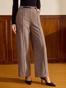 Vintamour 复古经典优雅女士长裤，修身提花格纹长裤，带腰带环和口袋，棕色，秋冬款 - 棕色 - 查看 3