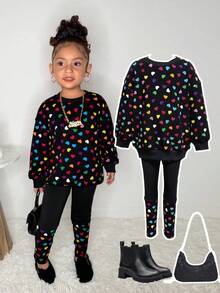 2pcs/Set Girls Loose Fit Full Print Sweatshirt + Knit Leggings, Casual Everyday Versatile Outfit - Black - View 1