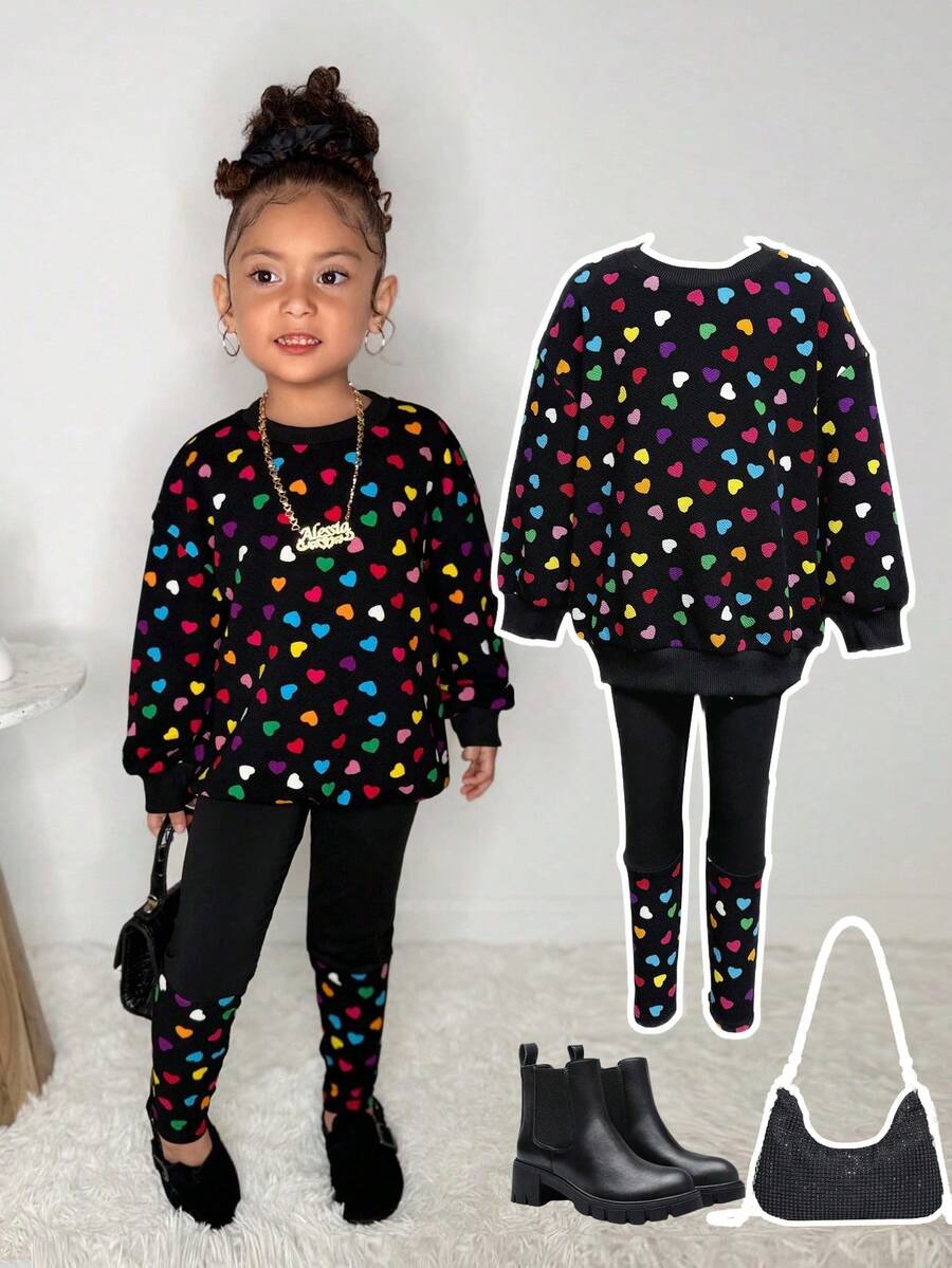 2pcs/Set Girls Loose Fit Full Print Sweatshirt + Knit Leggings, Casual Everyday Versatile Outfit - Black - View 1