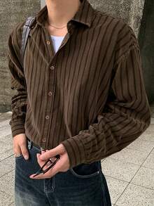 DAZY 男士条纹棕色长袖单排扣休闲衬衫，秋季款 - 棕色 - 查看 2