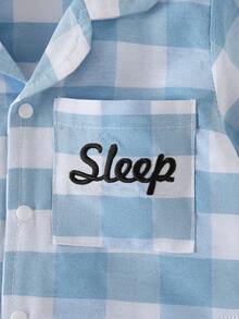 Baby Boys Pajamas-2 Piece Pajama Set Gingham Check Pajama Set Blue White Long Sleeve Collared Button Down Top Elastic Waist Long Pants Pocket Sleep Embroidery Lightweight Breathable Year Round Four Season Sleepwear Loungewear New Year 2026 Holiday Essential - Blue - View 3