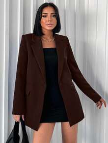 EURMUSE Áo khoác blazer dáng rộng cổ ve trơn màu đơn giản dành cho nữ, đa năng khi đi làm và đi chơi - màu nâu - Xem 5