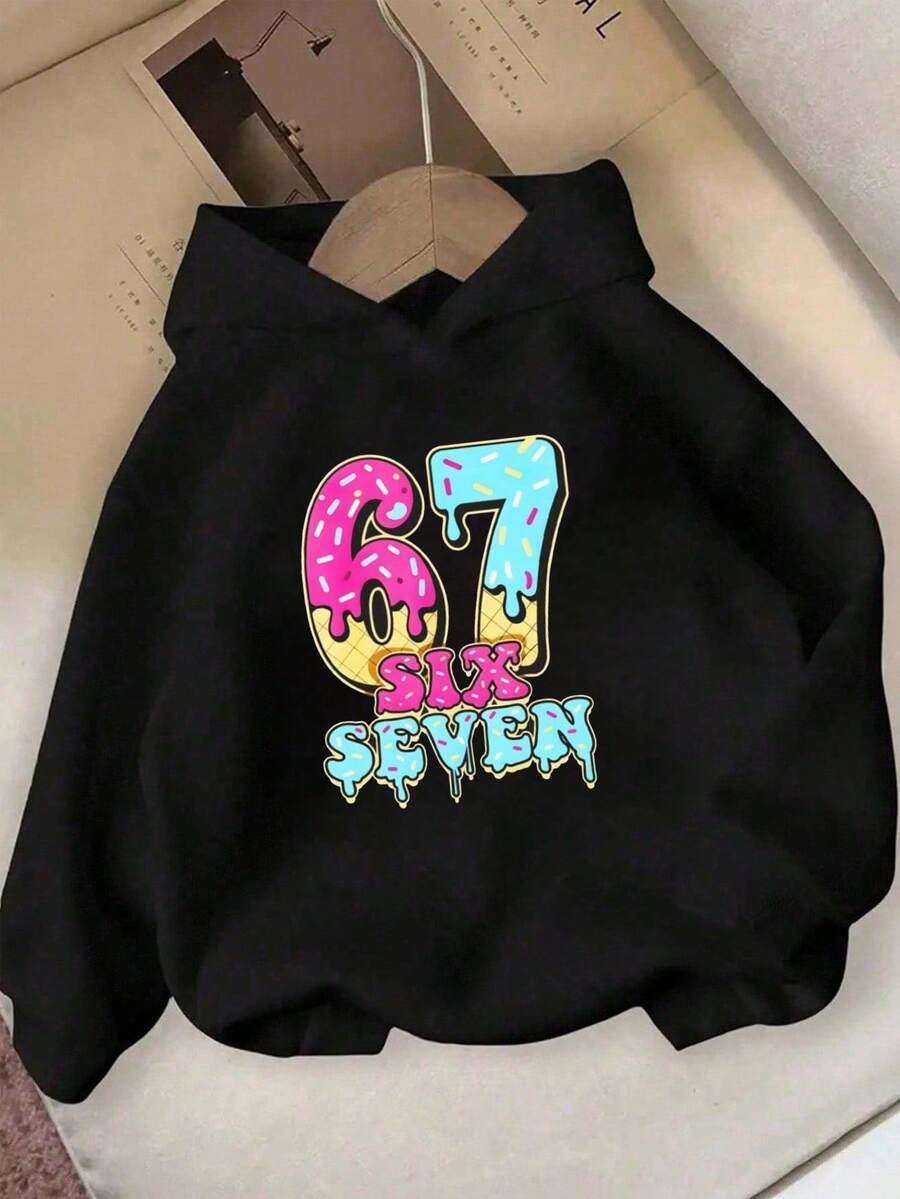 SHEIN 少女休闲字母印花抓绒卫衣 - 黑色，秋冬季 - 粉色 - 查看 1