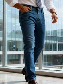 Nuevo 2025, ropa masculina de alta calidad, azul, azul claro, azul oscuro, pantalones vaqueros de cintura media y recta, tejidos pesados para viajes de Negocios diarios, primavera, otoño e invierno, reuniones de negocios, necesidad de vestuario - Azul menta - Ver 1