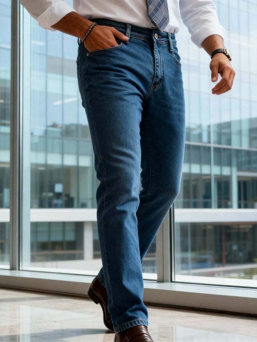 Nuevo 2025, ropa masculina de alta calidad, azul, azul claro, azul oscuro, pantalones vaqueros de cintura media y recta, tejidos pesados para viajes de Negocios diarios, primavera, otoño e invierno, reuniones de negocios, necesidad de vestuario - Azul menta - Ver 1