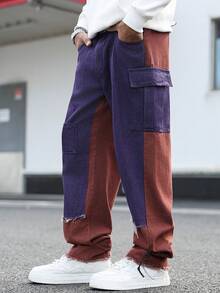 GALLERY FADE 男士撞色毛边休闲工装牛仔裤 - 酒紅色 - 查看 3