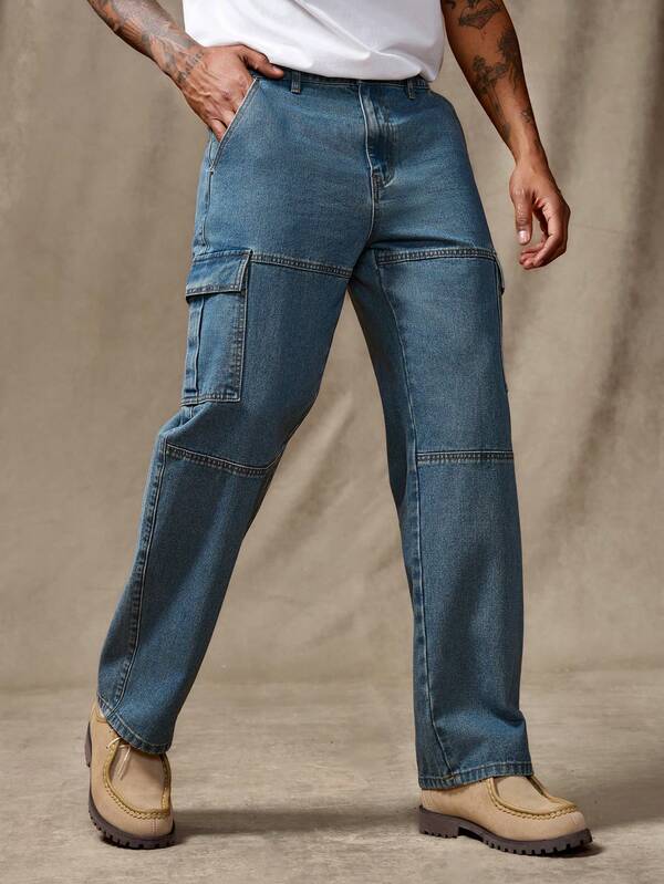 RivetRise Autumn/Winter Casual Washed Blue & Lake Green Straight Leg Cargo Jeans