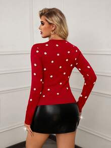 Lyxana Femmes Élégant Fête blocs de couleurs Pois Jacquard Ajusté Col Roulé Chandail, Automne/Hiver - Rouge - Voir 2