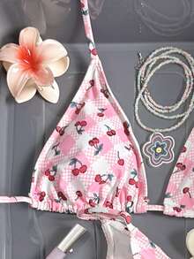 Swim Mod Bộ bikini hai dây buộc 3 mảnh họa tiết caro anh đào dành cho nữ, kỳ nghỉ hè trên bãi biển - Nhiều màu - Xem 3