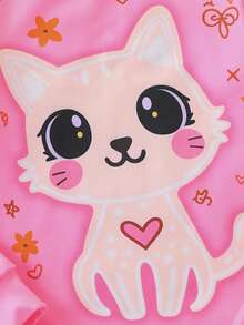 2pcs Girls Cute Cat & Heart Glow-In-The-Dark Print Snug Fit Pajama Set, Long Sleeve Top And Pants