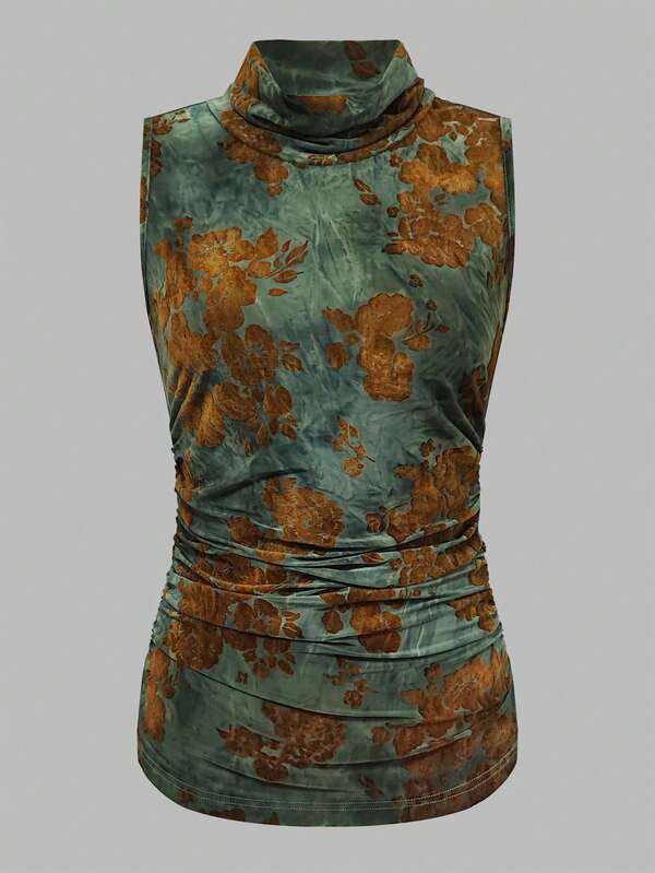 GlowEve Women's High Neck Cinched Waist Pleated Comfortable Long Sexy Minimalist Elegant Commuter Casual Vest, Suitable For Outings, Dates, Home, Daily Wear, Autumn