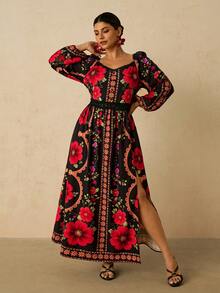 Travachic 大码女式黑红印花长款连衣裙，V领长袖，腰部拼接蕾丝边饰，前开衩浪漫约会西班牙风连衣裙 - 黑色 - 查看 5