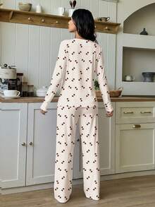 SHEIN Leap Crew 2件套少女复古甜美可爱条纹爱心印花长袖T恤和裤子宽松休闲睡衣套装，秋冬款 - 彩色 - 查看 2