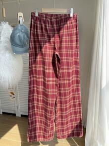 Comfortcana Plus Size Red Plaid Print Drawstring Loose Pants, Autumn/Winter - Red - View 2