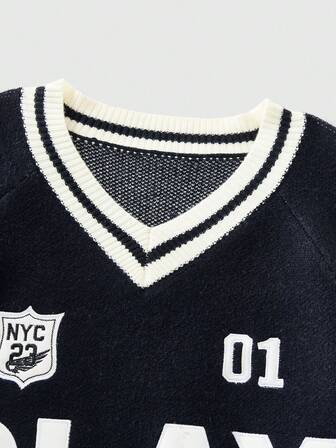 Street Life Men's Casual Black & White Striped Contrast Color Embroidered Sweater, Autumn/Winter