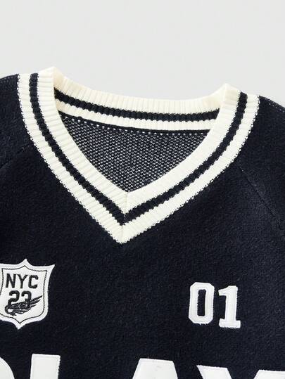 Street Life Men's Casual Black & White Striped Contrast Color Embroidered Sweater, Autumn/Winter