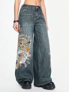 ROMWE Grunge Punk Spring/SummergraphicUnisex Retro Street-Style Chinese Tiger & Floral Embroidery Loose Wide-Leg Jeans - Blue - View 7