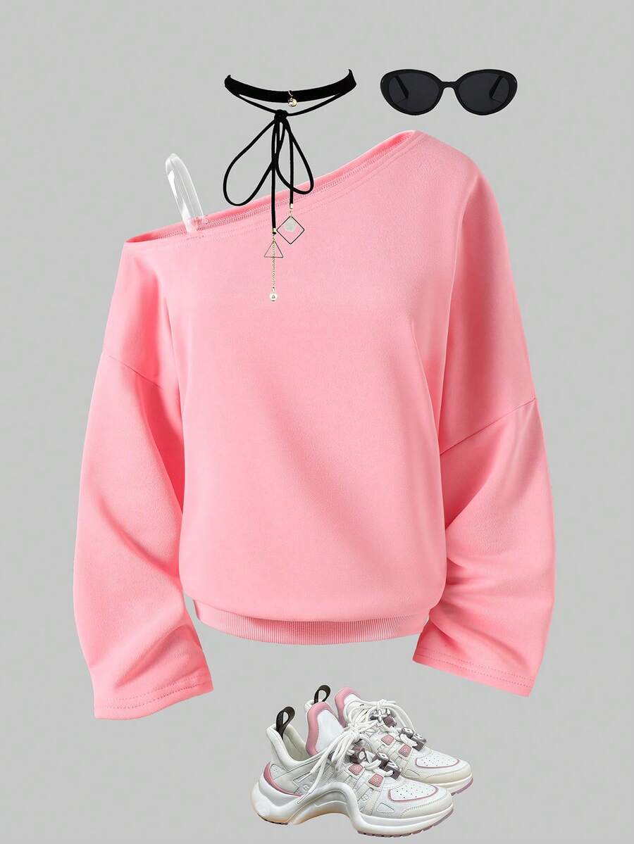 Sparklyn 1pc Teen GirlCasual Oblique Collar Long Sleeve Sweatshirt, Autumn