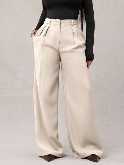 Radiana Women's Minimalist Fashion Dark Coffee Oversized Wide Leg Pants, Commuter Trousers Brown Wide Leg Pants For Women High Waisted Wide Leg Pants Brown Suit Pants In Fall/Winter