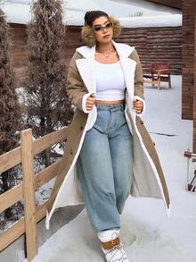 CovetEZ Plus Size Retro Fluffy Collar Long Sheepskin Coat, Autumn And Winter Fall - Khaki - View 7