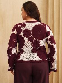 Anewsta Suéter de manga larga elegante con estampado floral hidrosoluble y bloques de color - Burdeos - Ver 2