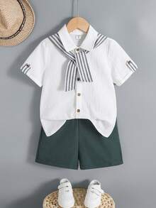 SHEIN 3 件套买 2 送 1 休闲百搭时尚可爱舒适亚麻条纹披肩、衬衫和宽松短裤套装，适合春夏季、日常、运动、郊游、学校、派对、节日、拍照 - 綠色 - 查看 4